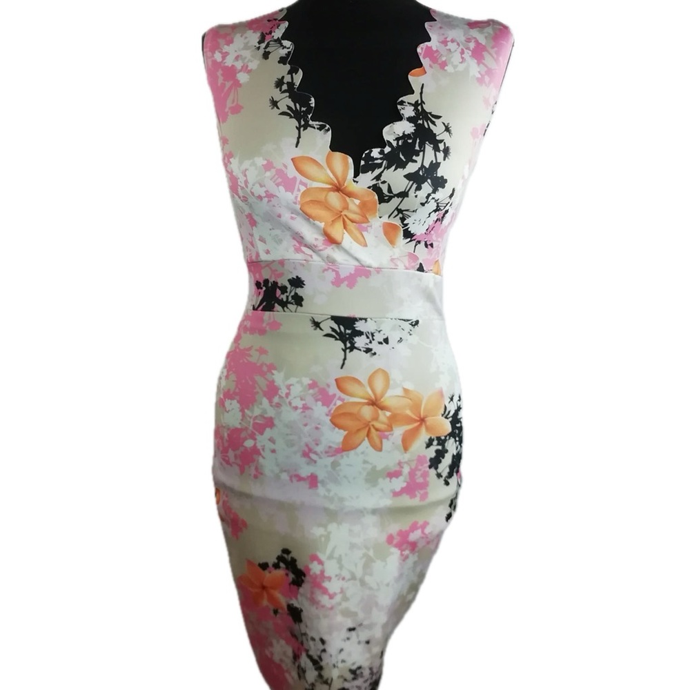 Sz.6-Floral Print Dress with Scallop Trim Crossover Neckline